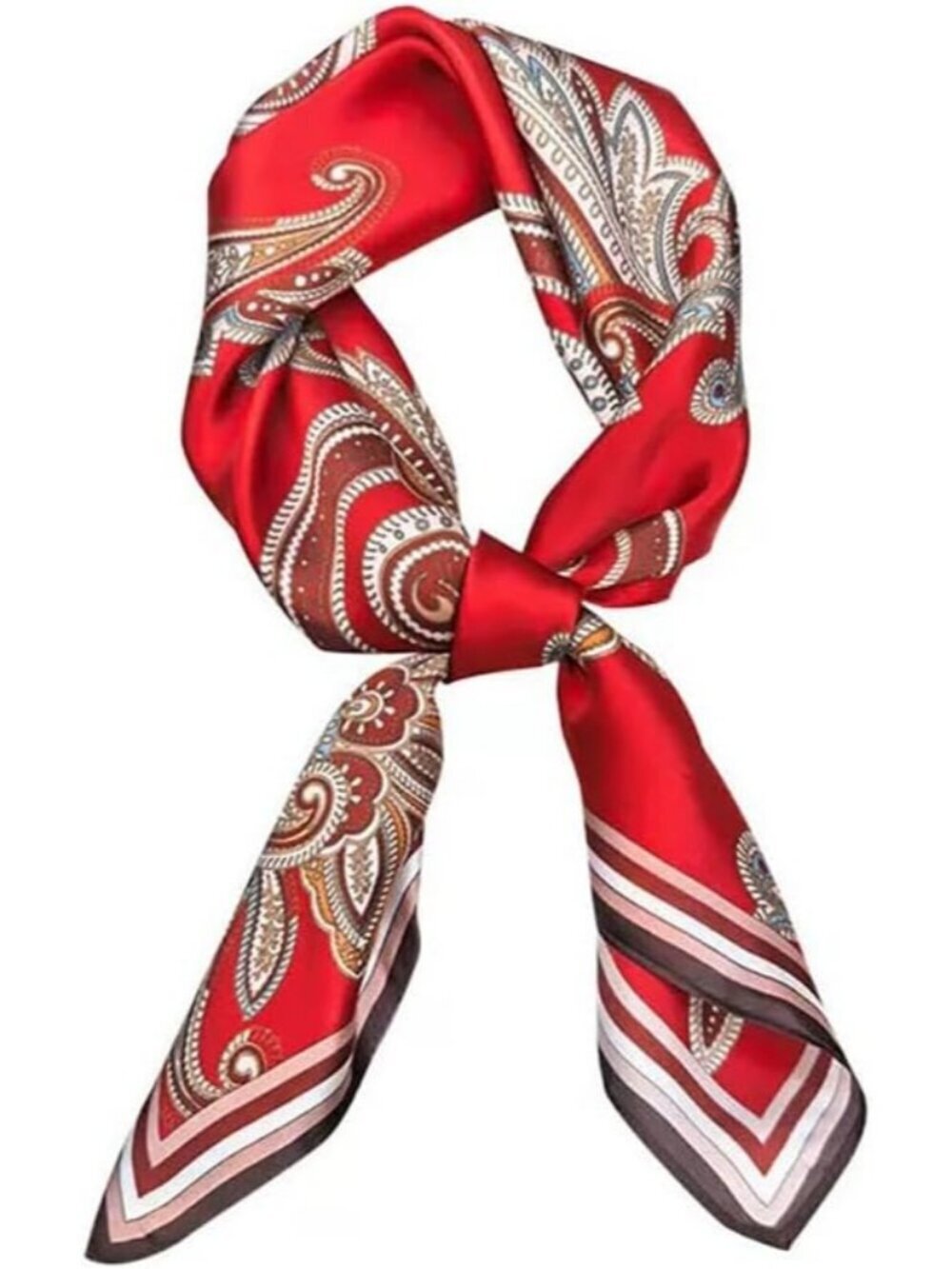 Women's Paisely Red Brown Square Scarf for Hair Digital Printed Headscarf Silk